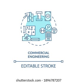 Icono de concepto turquesa de ingeniería comercial. Edificio residencial. Gestión de proyectos. Ilustración delgada de idea de ingeniería civil. Dibujo de color RGB con contorno aislado del vector. Trazo editable