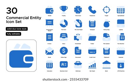 Commercial Entity Solid Fill Duo Tone Icon Set: Trade, Markets, and Business Development Icons