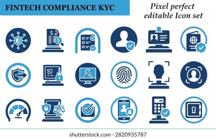 Commercial fintech compliance and KYC solid icon set featuring digital identity, customer verification, fraud prevention, financial security, AML, risk management, and user authentication symbols for banking and financial software UI design.