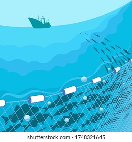 Commercial Fish, Fishing Nets, Fishing Vessel On A Background Of The Sea.