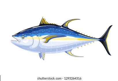 Commercial fish species. Yellowfin tuna. Vector illustration cartoon flat icon isolated on white.