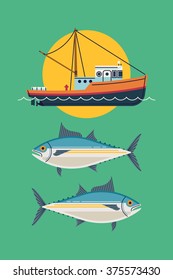 Commercial fishery concept layout. Tuna fishing industry background with fishing boat and tuna fish. Seafood harvest