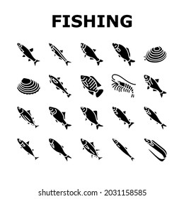 Commercial Fishing Aquaculture Icons Set Vector. Japanese Cockle And Anchovy, Common And Silver Carp, Rohu And Catle Fish, Chub Mackerel And Yellowfin Tuna Fishing Business Glyph Black Illustrations