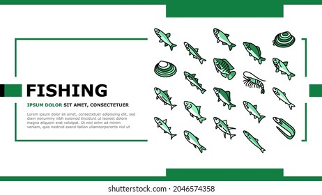 Commercial Fishing Aquaculture Landing Web Page Header Banner Template Vector. Japanese Cockle And Anchovy, Common And Silver Carp, Rohu And Catle Fish, Chub Mackerel And Yellowfin Tuna Illustration