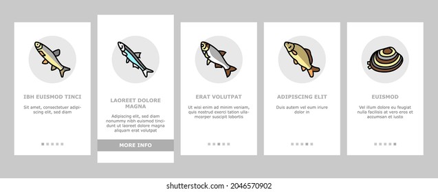 Commercial Fishing Aquaculture Onboarding Mobile App Page Screen Vector. Japanese Cockle And Anchovy, Common And Silver Carp, Rohu And Catle Fish,Yellowfin Tuna Fishing Business Illustrations