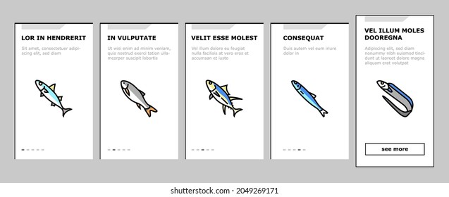 Commercial Fishing Aquaculture Onboarding Mobile App Page Screen Vector. Japanese Cockle And Anchovy, Common And Silver Carp, Rohu And Catle Fish,Yellowfin Tuna Fishing Business Illustrations