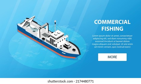 Commercial fishing boat in open sea isometric horizontal website banner with more button and text 3d vector illustration