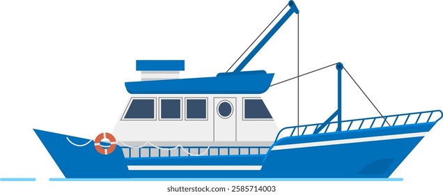 Commercial fishing boat sailing on the sea, side view of a modern fishing vessel equipped for trawling or netting, vector illustration isolated on white background