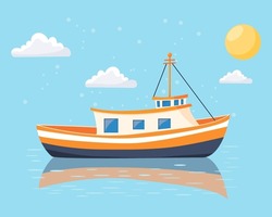 Commercial Fishing Boat Side View. Sea Or Ocean Transportation, Marine Ship In Flat Style.