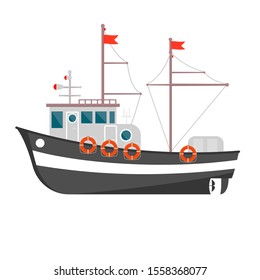 Commercial fishing boat side view isolated icon. Sea or ocean transportation, marine ship for industrial seafood production vector illustration in flat style.