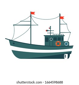 Commercial fishing boat side view isolated icon. Sea or ocean transportation, marine ship for industrial seafood production vector illustration in flat style.