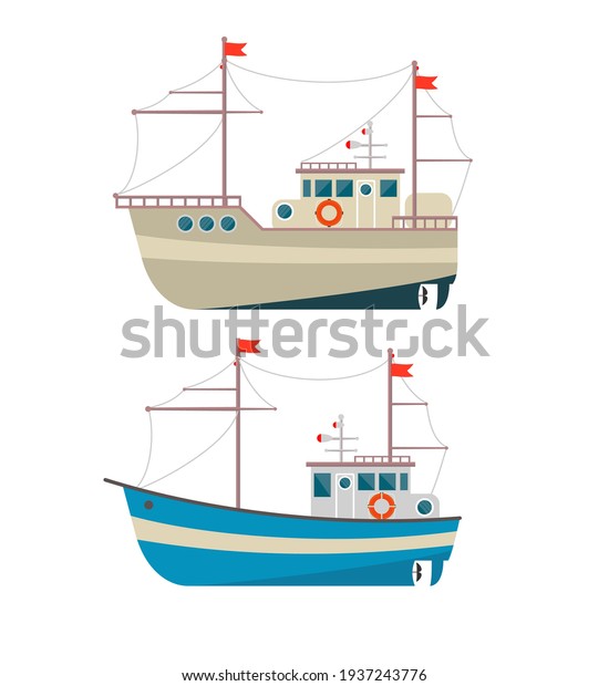 Commercial fishing boat side view isolated\
icon. Sea or ocean transportation, marine ship for industrial\
seafood production vector illustration in flat\
style.