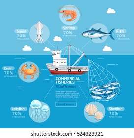 Commercial Fishing Business Plan Infographics. Fishing Boat, Jellyfish, Shellfish, Fish, Squid, Crab, Tuna, And Prawn. Vector Illustrations. Can Be Used For  Banner, Diagram, Web Design.