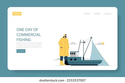 Commercial fishing concept. A fisherman in gear stands by his boat, ready for a day at sea under a rising sun. Marine occupation, seafood industry. Vector illustration.