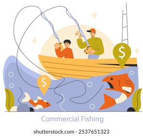 Commercial Fishing concept. Fishermen on a boat casting lines amidst economic symbols, showcasing industry and livelihood. Vector illustration.