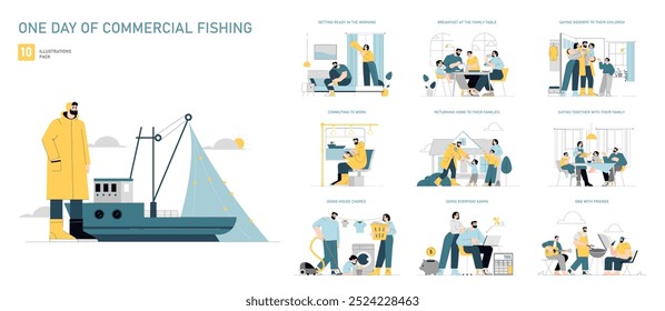 Commercial Fishing Day set. From dawn at sea to dusk with family, a fisherman's daily life. Work balance, domestic tasks, family moments. Vector illustration.