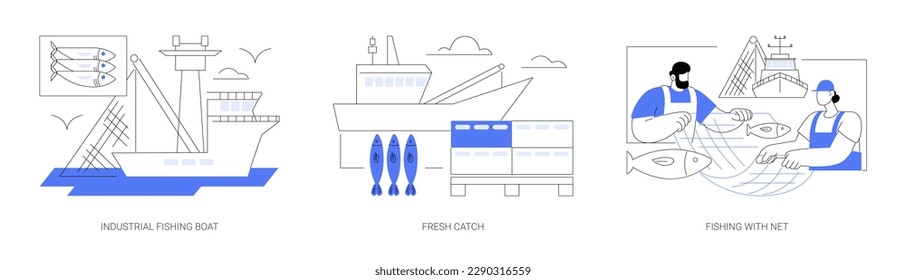 Conjunto de ilustraciones vectoriales abstractas de la industria pesquera comercial. Atraviesa de pesca industrial en el océano, captura fresca en cajas para la venta en puerto, gente que usa redes para pescar metáforas abstractas.