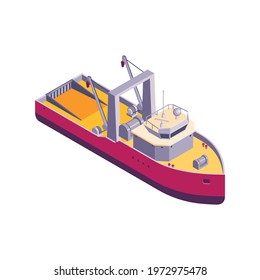 Commercial fishing isometric composition with isolated image of fishing boat vector illustration