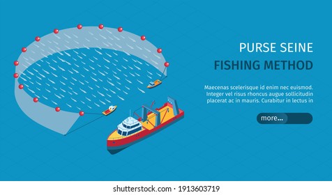 Commercial fishing purse seine isometric horizontal web banner with vertical net deployed from seiner boats vector illustration 