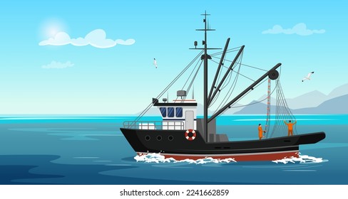 Commercial fishing ship with empty fish net. Fishing boat with fisherman working in ocean catching by seine sea food: tuna, herring, sardine, salmon. Industry vessel in seascape. Vector illustration