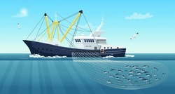 Commercial Fishing Ship With Full Fish Net Under Water. Fishing Boat Working In Ocean Catching By Seine Food: Tuna, Herring, Salmon. Industry Vessel With Yellow Mast In Seascape. Vector Illustration
