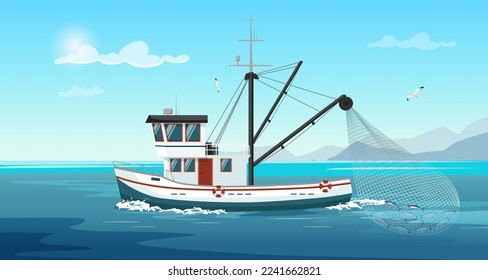 Commercial fishing ship with full fish net. Fishing boat with fisherman working in ocean catching by seine sea food: tuna, herring, sardine, salmon. Industry vessel in seascape. Vector illustration