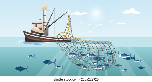 Commercial fishing ship with full fish big net. Cartoon fishing boat working in sea or ocean catching by seine seafood tuna, herring, sardine, salmon. Industry vessel in seascape. Vector illustration