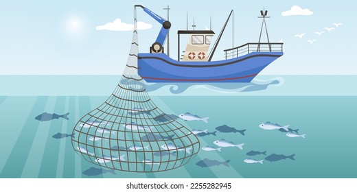 Gewerbliches Fischereifahrzeug mit großem Fischnetz. Cartoon-Fischerboot, das im Meer oder Ozean arbeitet und mit Wadenfischerei auf Thunfisch, Hering, Sardine, Lachs gefangen wird. Industrieschiff in der Saison. Vektorgrafik