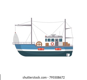 Commercial fishing ship side view isolated icon. Sea or ocean transportation, marine vessel for industrial seafood production vector illustration in flat style.