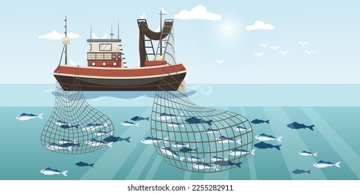 Commercial fishing ship with two full fish net. Cartoon fishing boat working in sea or ocean catching by seine seafood tuna, herring, sardine, salmon. Industry vessel in seascape. Vector illustration