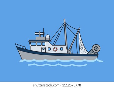 Commercial fishing trawler boat. Flat vector illustration. Isolated on blue background.