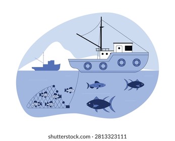 A commercial fishing trawler pulls a large net full of fish underwater, with larger fish swimming nearby.