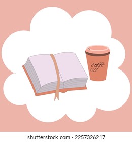 Commercial flat vector illustration of an open book (notebook) with a bookmark lies on the table, next to it is a glass of aromatic coffee
