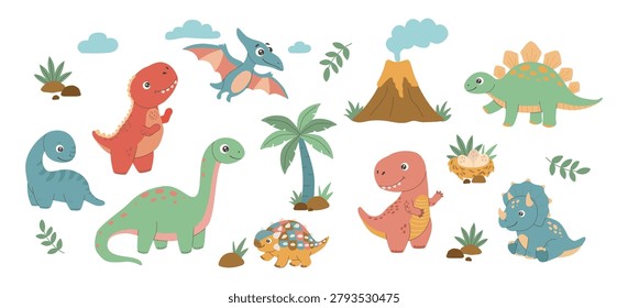 A commercial flat vector set of cute cartoon baby dinosaurs, featuring an erupting volcano, palm tree, dinosaur nest with eggs, and tropical plants isolated on white. Vector illustration