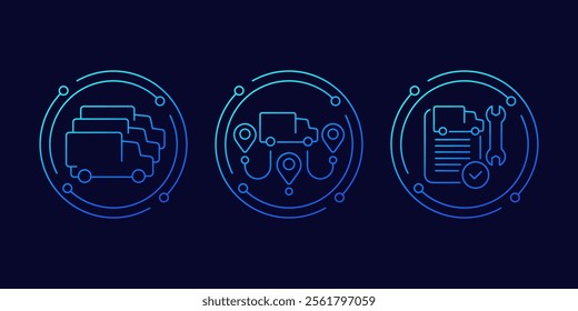 commercial fleet icons with trucks, fleet management, linear design