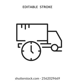 Commercial fleet icons with trucks, fleet management, line design. Vector illustration