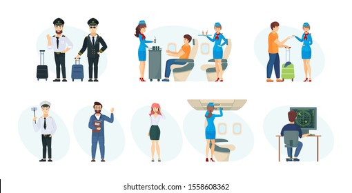 Commercial flight board crew, air traffic controller, ground support technician, airplane passengers. Plane captain, second pilot, stewardess women in uniform clothes cartoon vector illustration