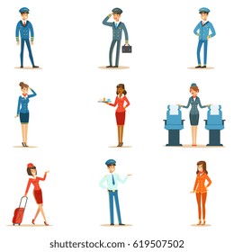 Commercial Flight Board Crew Collection Of Air Transportation Professionals Working On The Plane, Stewardesses And Pilots