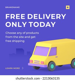 Commercial free delivery service limited offer only today announce urban truck van web post 3d icon vector illustration. Cargo business transportation company logistic navigation freight carrier