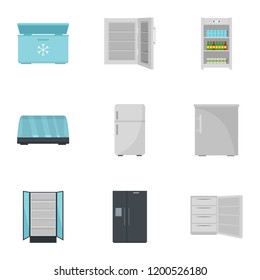 Commercial fridge icon set. Flat set of 9 commercial fridge vector icons for web design