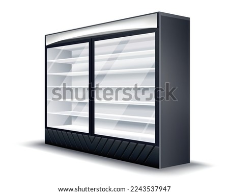 Commercial fridge. Realistic empty refrigerator. Supermarket commercial freezer equipment. Freeze appliances for drinks and food