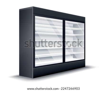 Commercial fridge. Realistic empty refrigerator. Supermarket commercial freezer equipment. Freeze appliances for drinks and food