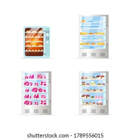 Commercial fridges flat color vector objects set. Oven with bread. Freezers with desserts, dairy products and meat. Isolated cartoon illustration for web graphic design and animation collection