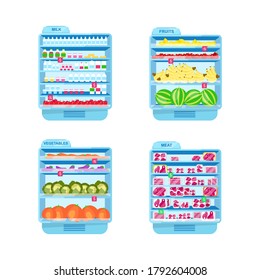 Commercial fridges flat color vector objects set. Fruit and vegetables refrigerators. Supermarket displays isolated cartoon illustration for web graphic design and animation collection