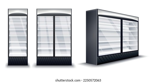 Commercial fridges. Realistic empty refrigerators set. Supermarket commercial freezer equipment. Freeze appliances for drinks and food