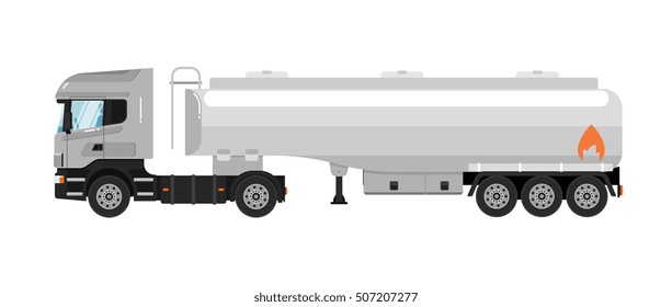 Commercial Fuel Tank Truck Isolated On White Background. Cistern Car Or Fuel Tank Truck Side View Isolated. Vehicles Cartoon Fuel Truck Or Gas Tanker. 