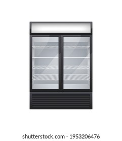 Commercial glass door drink fridge realistic composition with isolated image of shop fridge with two display doors vector illustration