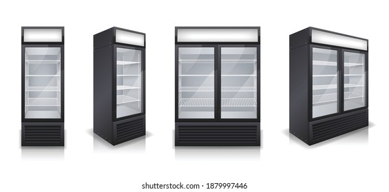 Commercial glass door drink fridges with one and two display sections realistic set isolated vector illustration