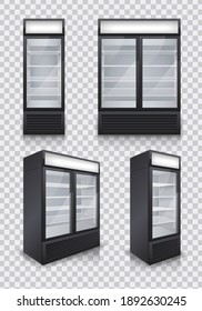 Commercial glass door drink fridges one and two display sections realistic set transparent background isolated vector illustration