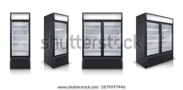 Commercial\
glass door drink fridges with one and two display sections\
realistic set isolated vector\
illustration